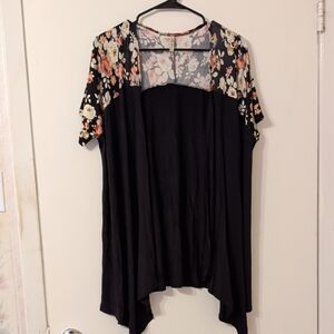 Black Light Jacket With Floral Trim on Upper Bodice & Sleeves, High-Low Hem, L